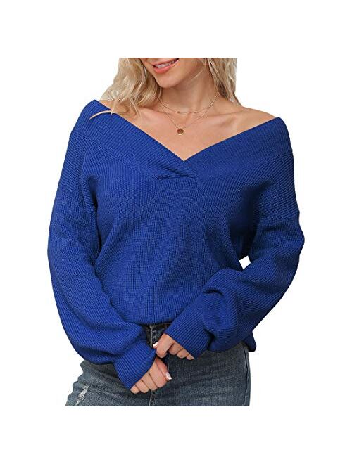 Feiersi Women's Off Shoulder Sweater V-Neck Long Sleeve Loose Pullover Knit Jumper