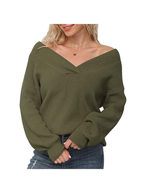 Feiersi Women's Off Shoulder Sweater V-Neck Long Sleeve Loose Pullover Knit Jumper