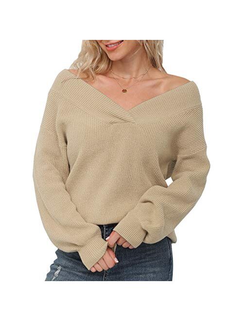 Feiersi Women's Off Shoulder Sweater V-Neck Long Sleeve Loose Pullover Knit Jumper