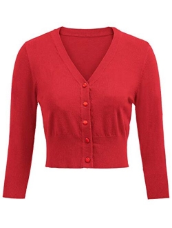 Women's 3/4 Sleeve V-Neck Button Down Cherries Embroidery Cropped Cardigan Sweater Coat