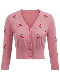 Women's 3/4 Sleeve V-Neck Button Down Cherries Embroidery Cropped Cardigan Sweater Coat