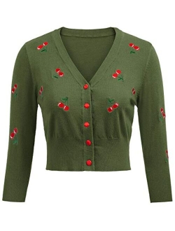 Women's 3/4 Sleeve V-Neck Button Down Cherries Embroidery Cropped Cardigan Sweater Coat