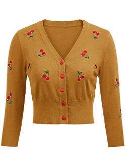 Women's 3/4 Sleeve V-Neck Button Down Cherries Embroidery Cropped Cardigan Sweater Coat