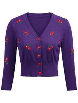 Women's 3/4 Sleeve V-Neck Button Down Cherries Embroidery Cropped Cardigan Sweater Coat