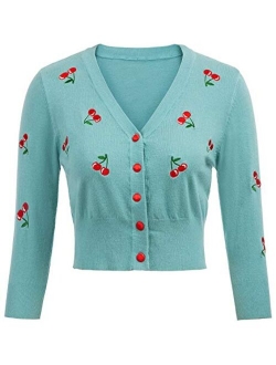 Women's 3/4 Sleeve V-Neck Button Down Cherries Embroidery Cropped Cardigan Sweater Coat