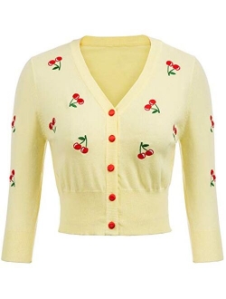 Women's 3/4 Sleeve V-Neck Button Down Cherries Embroidery Cropped Cardigan Sweater Coat