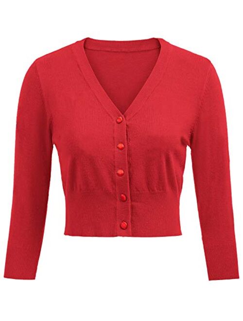 Belle Poque Women's 3/4 Sleeve V-Neck Button Down Cherries Embroidery Cropped Cardigan Sweater Coat