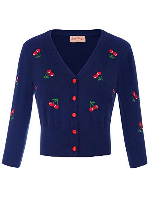 Belle Poque Women's 3/4 Sleeve V-Neck Button Down Cherries Embroidery Cropped Cardigan Sweater Coat