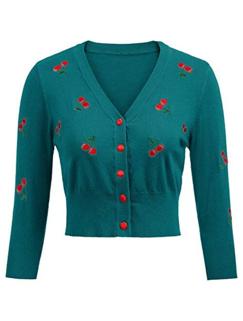 Belle Poque Women's 3/4 Sleeve V-Neck Button Down Cherries Embroidery Cropped Cardigan Sweater Coat