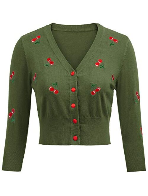 Belle Poque Women's 3/4 Sleeve V-Neck Button Down Cherries Embroidery Cropped Cardigan Sweater Coat