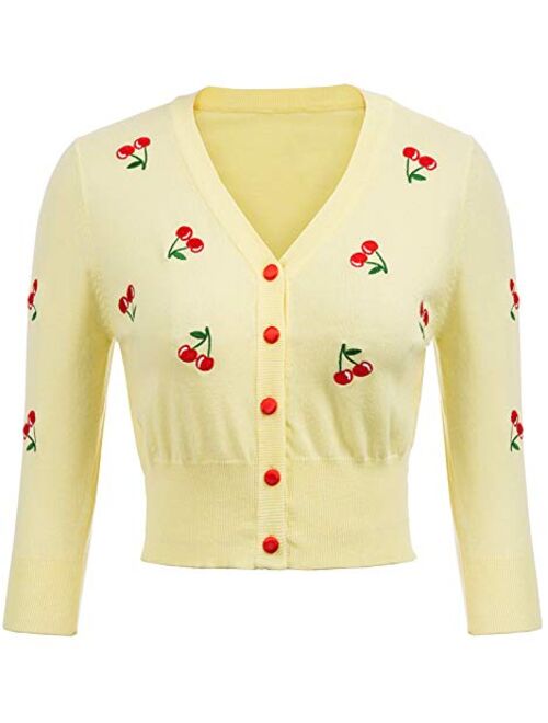 Belle Poque Women's 3/4 Sleeve V-Neck Button Down Cherries Embroidery Cropped Cardigan Sweater Coat