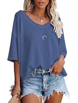 Youdiao Womens V Neck Tops Long Sleeve Shirts Waffle Knit Blouse Casual Loose Oversized Pullover Sweatshirt