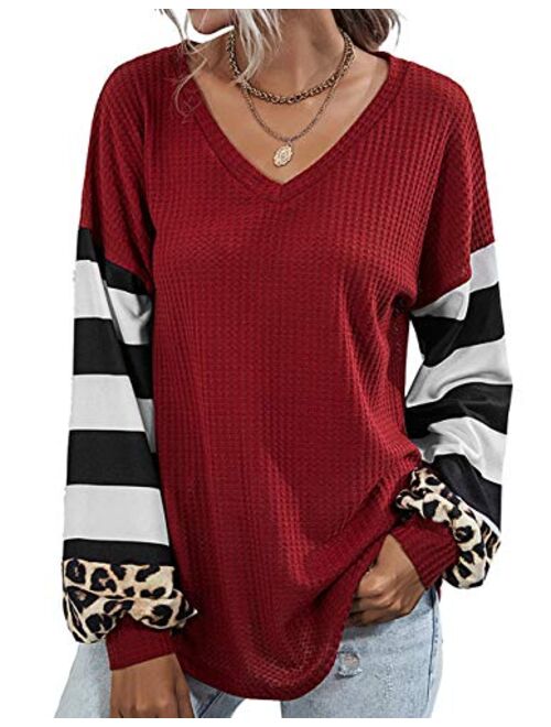 Youdiao Womens V Neck Tops Long Sleeve Shirts Waffle Knit Blouse Casual Loose Oversized Pullover Sweatshirt