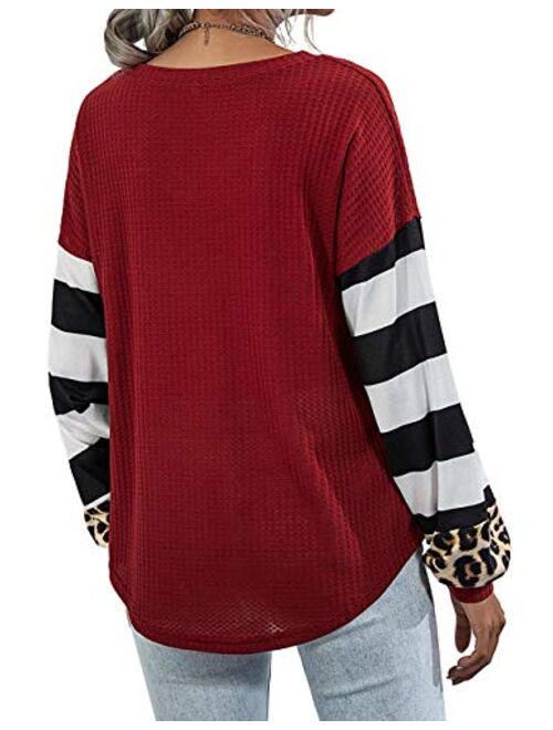 Youdiao Womens V Neck Tops Long Sleeve Shirts Waffle Knit Blouse Casual Loose Oversized Pullover Sweatshirt