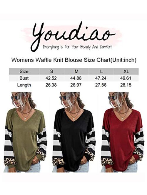 Youdiao Womens V Neck Tops Long Sleeve Shirts Waffle Knit Blouse Casual Loose Oversized Pullover Sweatshirt