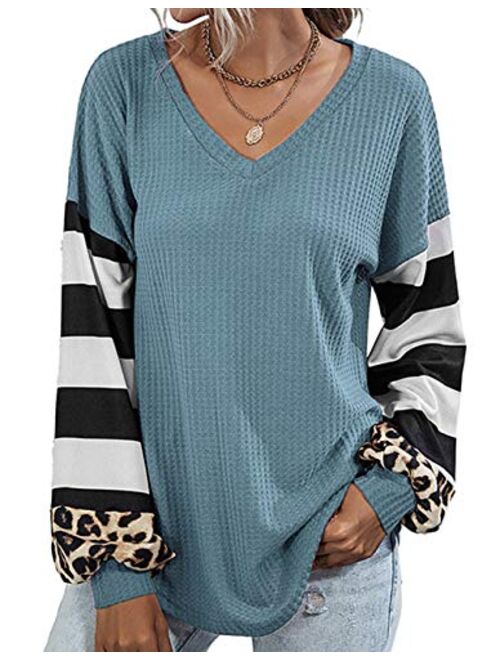 Youdiao Womens V Neck Tops Long Sleeve Shirts Waffle Knit Blouse Casual Loose Oversized Pullover Sweatshirt