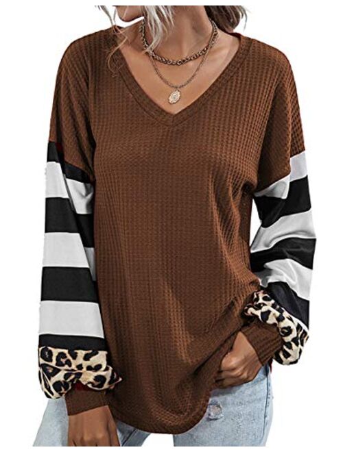 Youdiao Womens V Neck Tops Long Sleeve Shirts Waffle Knit Blouse Casual Loose Oversized Pullover Sweatshirt