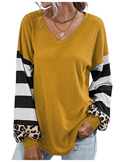 Youdiao Womens V Neck Tops Long Sleeve Shirts Waffle Knit Blouse Casual Loose Oversized Pullover Sweatshirt