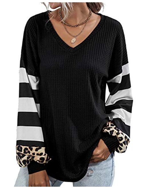 Youdiao Womens V Neck Tops Long Sleeve Shirts Waffle Knit Blouse Casual Loose Oversized Pullover Sweatshirt