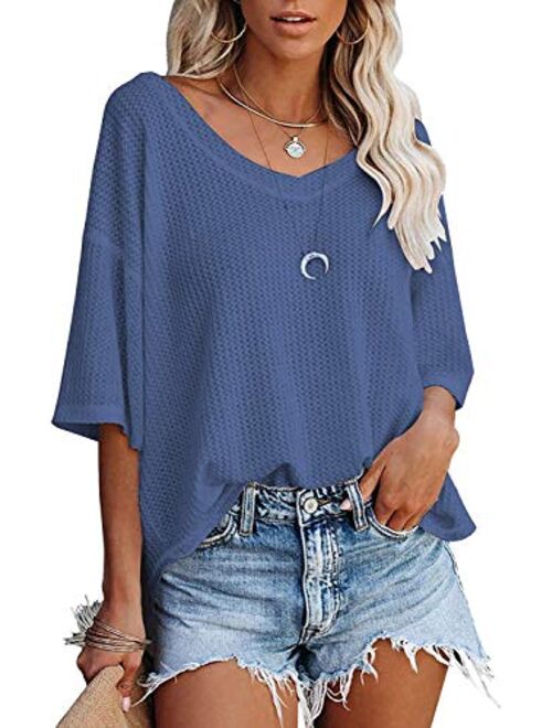 Youdiao Womens V Neck Tops Long Sleeve Shirts Waffle Knit Blouse Casual Loose Oversized Pullover Sweatshirt