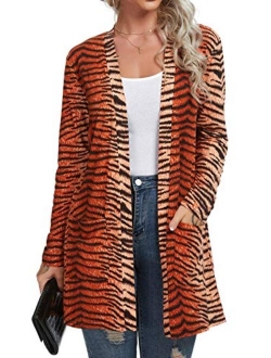 QIXING Women's Casual Leopard Printed Cardigans Long Sleeve Cover Up with Pockets