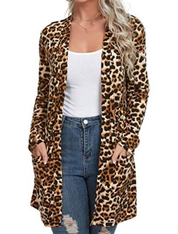 QIXING Women's Casual Leopard Printed Cardigans Long Sleeve Cover Up with Pockets