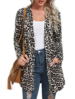 QIXING Women's Casual Leopard Printed Cardigans Long Sleeve Cover Up with Pockets