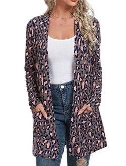 QIXING Women's Casual Leopard Printed Cardigans Long Sleeve Cover Up with Pockets