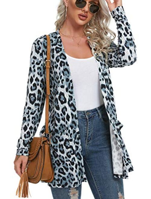 QIXING Women's Casual Leopard Printed Cardigans Long Sleeve Cover Up with Pockets