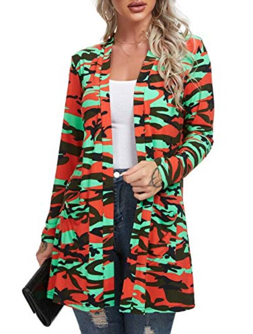 QIXING Women's Casual Leopard Printed Cardigans Long Sleeve Cover Up with Pockets