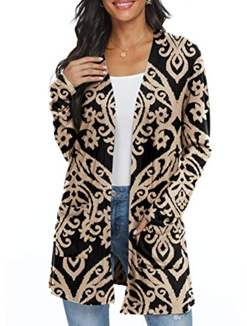 QIXING Women's Casual Leopard Printed Cardigans Long Sleeve Cover Up with Pockets