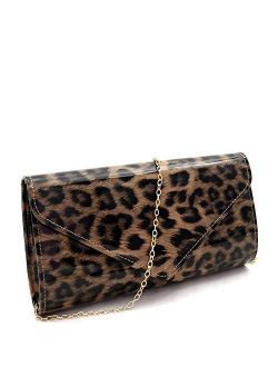 Leopard Print Glossy Faux Leather Clutch Purse Shoulder Bag with Chain Strap