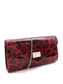 Leopard Print Glossy Faux Leather Clutch Purse Shoulder Bag with Chain Strap