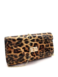Leopard Print Glossy Faux Leather Clutch Purse Shoulder Bag with Chain Strap