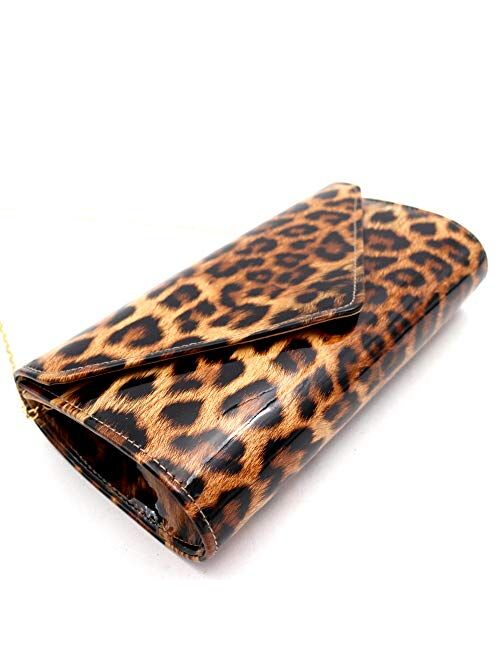 Leopard Print Glossy Faux Leather Clutch Purse Shoulder Bag with Chain Strap