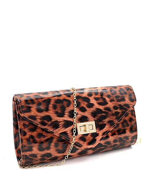 Leopard Print Glossy Faux Leather Clutch Purse Shoulder Bag with Chain Strap