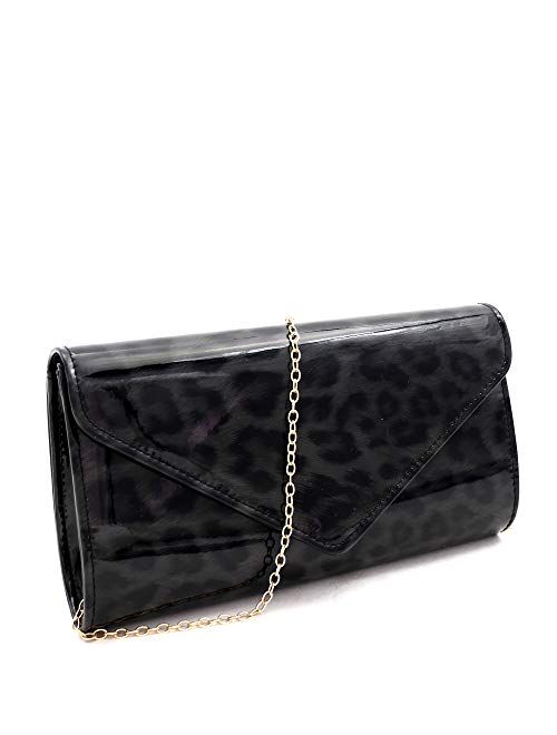 Leopard Print Glossy Faux Leather Clutch Purse Shoulder Bag with Chain Strap