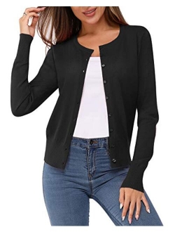 Newshows Women's Solid Button Down Long Sleeve Classic Crew Neck Knit Cardigan Sweater