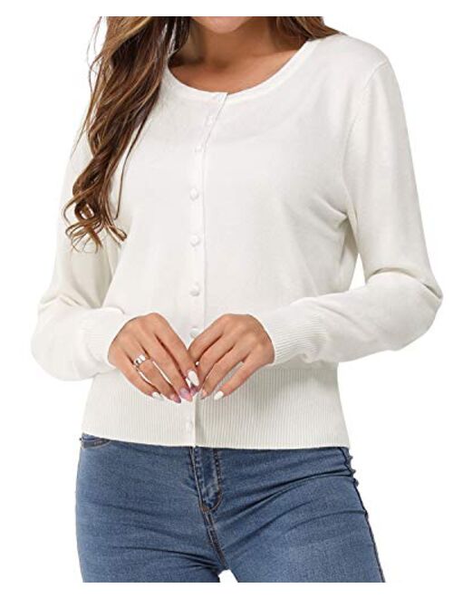 Newshows Women's Solid Button Down Long Sleeve Classic Crew Neck Knit Cardigan Sweater