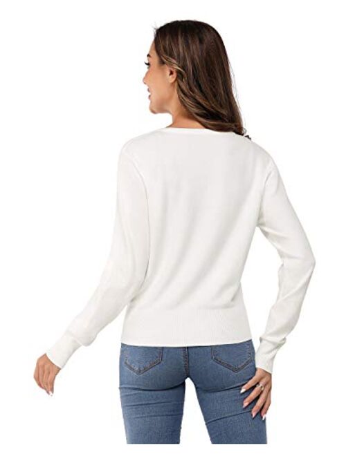 Newshows Women's Solid Button Down Long Sleeve Classic Crew Neck Knit Cardigan Sweater