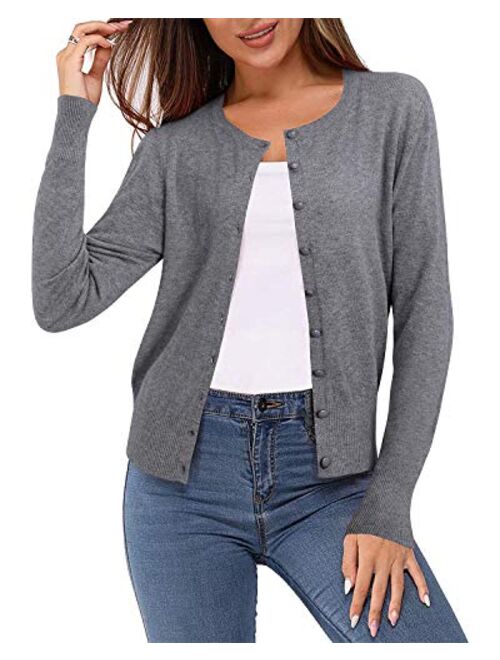 Newshows Women's Solid Button Down Long Sleeve Classic Crew Neck Knit Cardigan Sweater