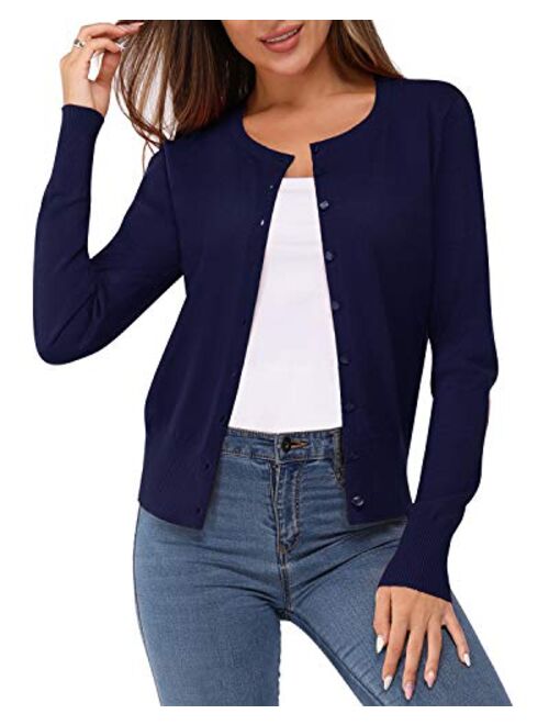 Newshows Women's Solid Button Down Long Sleeve Classic Crew Neck Knit Cardigan Sweater