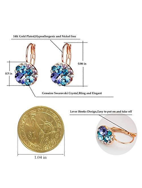 Multicolored Swarovski Crystal Earrings for Women 14K Gold Plated Leverback Dangle Hoop Earrings