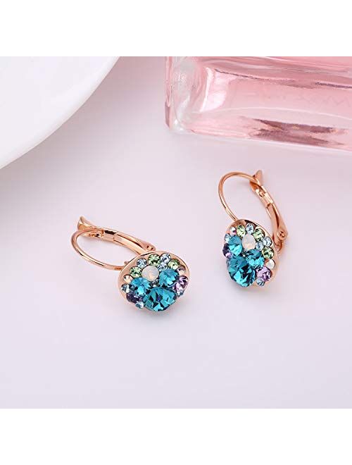 Multicolored Swarovski Crystal Earrings for Women 14K Gold Plated Leverback Dangle Hoop Earrings