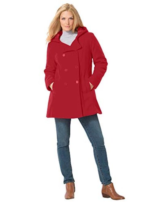 Woman Within Women's Plus Size Double-Breasted Hooded Fleece Peacoat