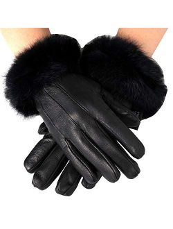 Womens Leather Dressy Gloves Rabbit Fur Trim Cuff Thermal Lining