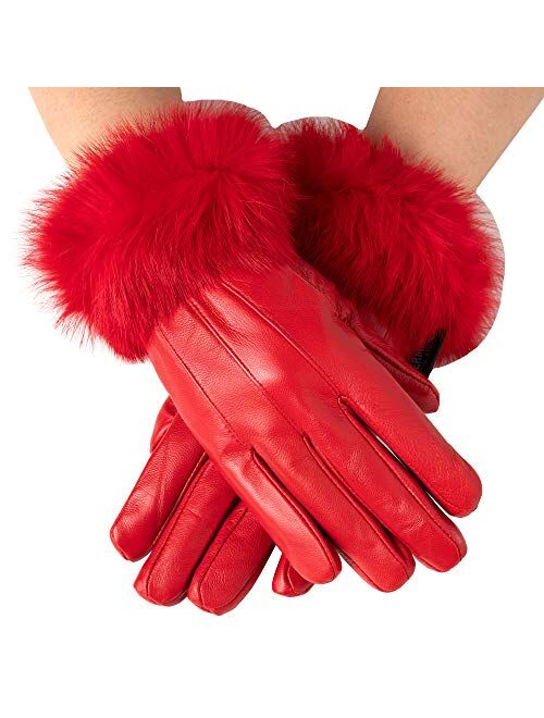 Alpine Swiss Womens Leather Dressy Gloves Rabbit Fur Trim Cuff Thermal Lining