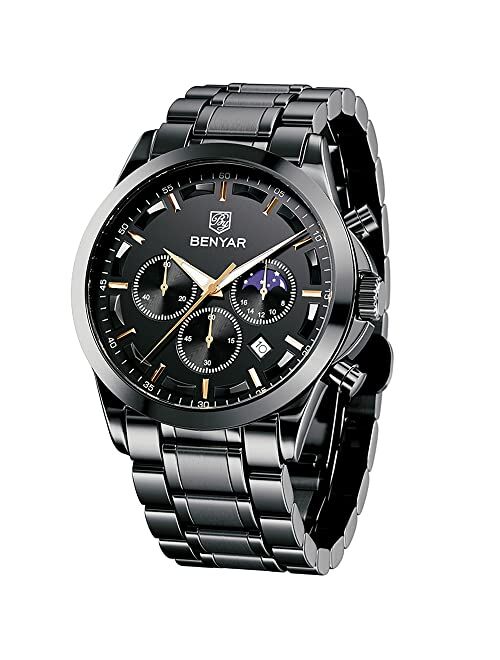 BENYAR Men's Watches Waterproof Sport Military Watch for Men Multifunction Chronograph Black Fashion Quartz Wristwatches Calendar with Leather Strap