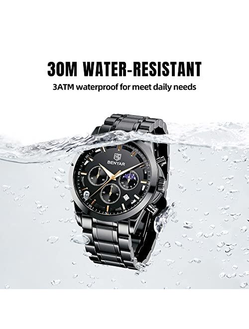 BENYAR Men's Watches Waterproof Sport Military Watch for Men Multifunction Chronograph Black Fashion Quartz Wristwatches Calendar with Leather Strap