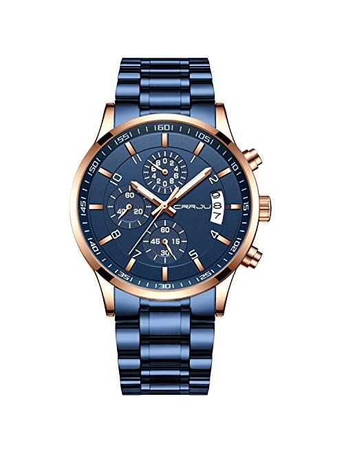 CRRJU Men's Six-pin Multifunctional Chronograph Wristwatches,Stainsteel Steel Band Waterproof Watch